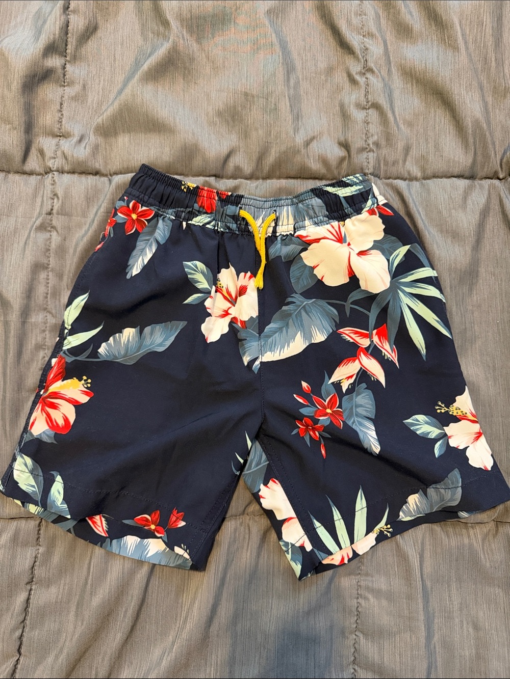 Crewcuts Navy Tropical Floral Swim Trunks with Yellow Drawstring